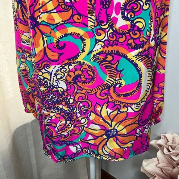 Lilly Pulitzer Elsa Silk Top Sea and Be Seen Pink Blue Blouse Women's Size Large - Picture 3 of 11